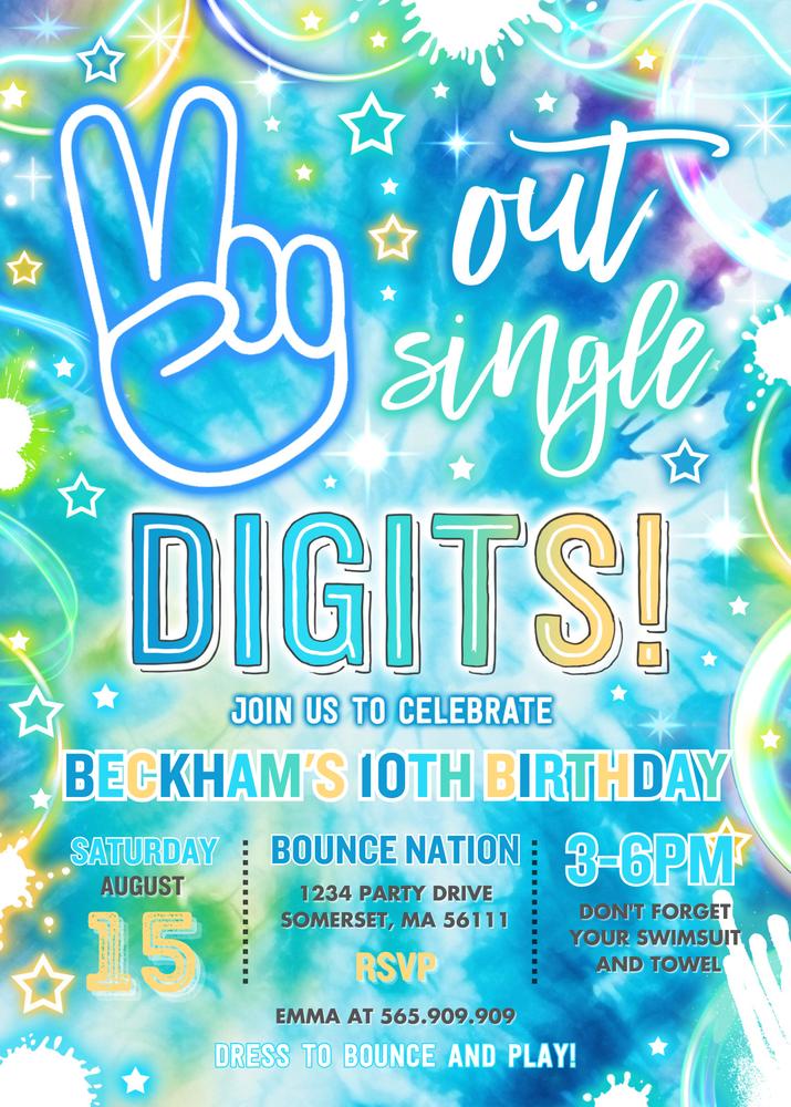 Neon Glow Peace Out Single Digits 10th Birthday Invitation Canva Template