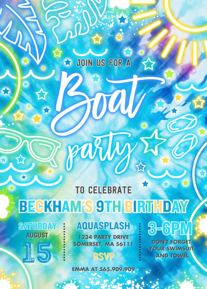 Neon Glow Boat Birthday Invitation | Editable Tie Dye Lake Party Canva Template