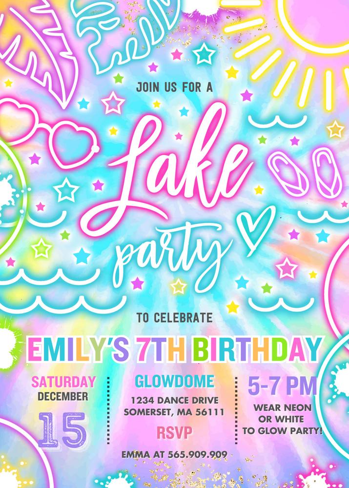 Editable Neon Glow Lake Boat Birthday Invitation | Tie Dye Summer Party Template