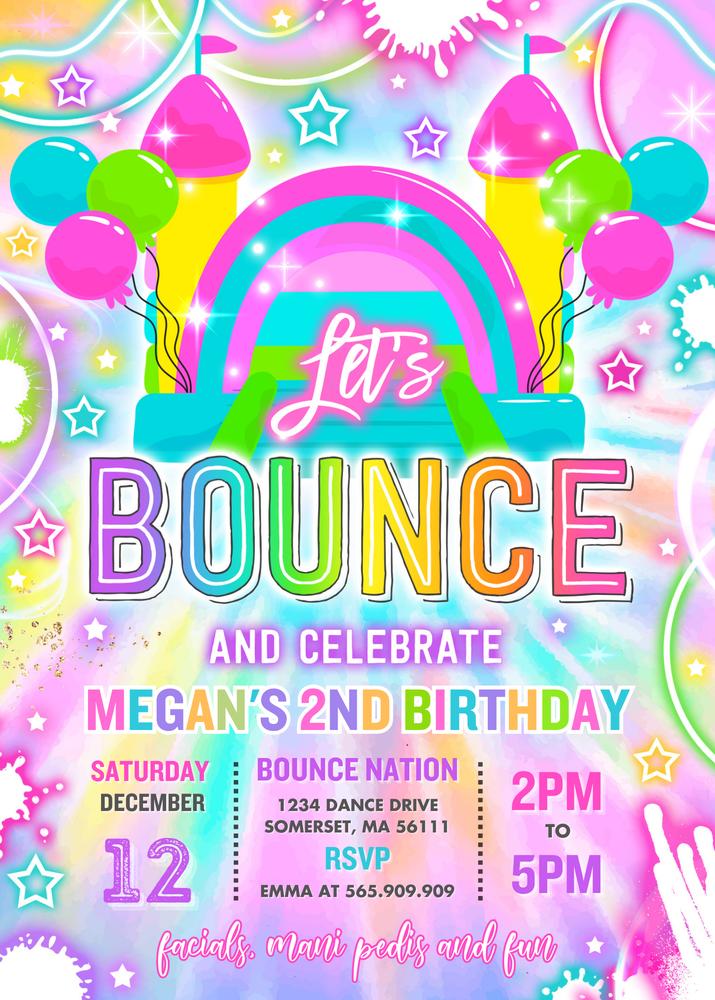 Neon Glow Tie Dye Bounce House Birthday Invitation Canva Template
