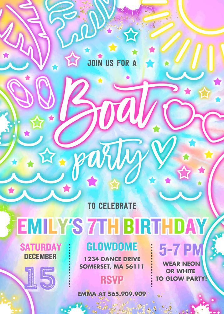 Neon Glow Boat Birthday Invitation | Tie Dye Lake Party Canva Template