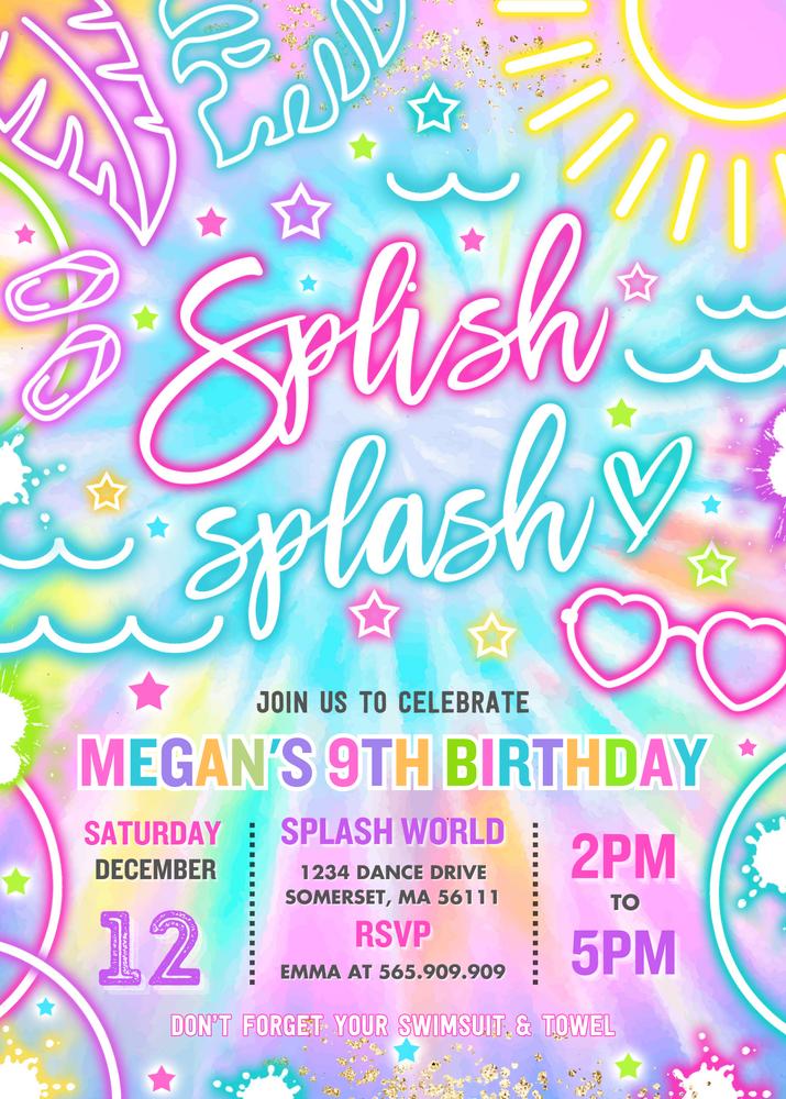 Glow Neon Tie Dye Waterpark Birthday Invitation | Editable Canva Template
