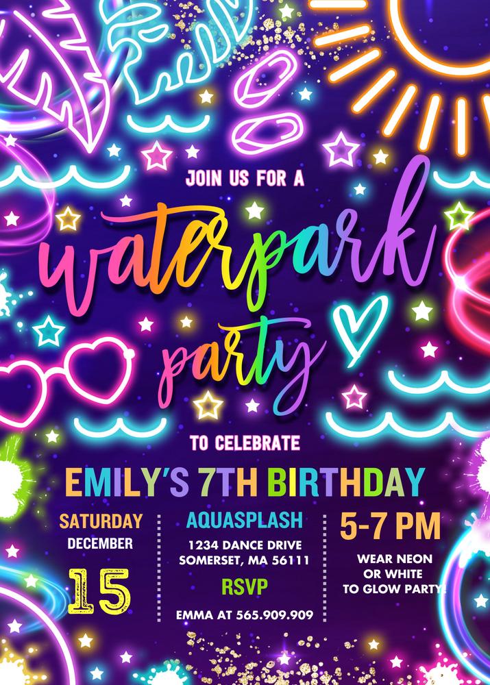 Neon Glow Water Park Birthday Invitation | Editable Canva Template