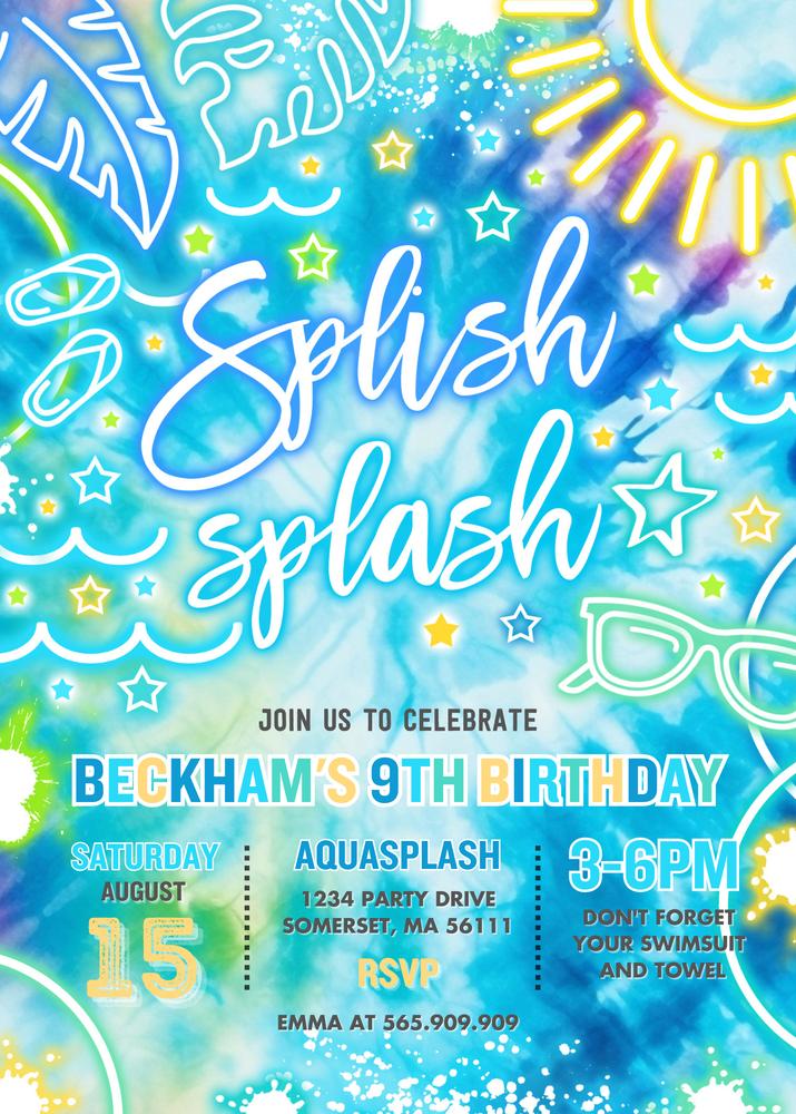 Glow Neon Tie Dye Splish Splash Birthday Invitation - Waterpark Pool Party