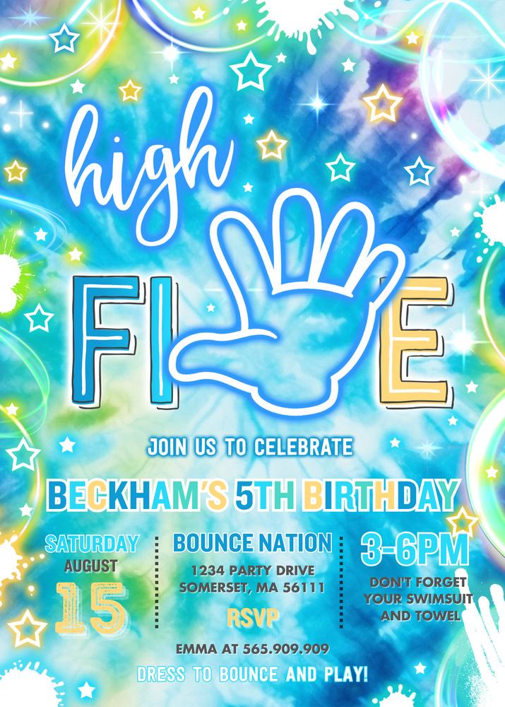 Neon Glow High Five 5th Birthday Invitation | Editable Canva Template
