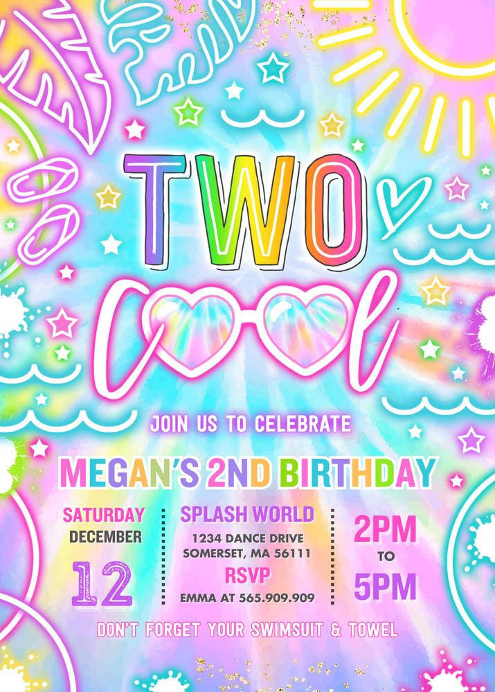 Two Cool Pool 2nd Birthday Invitation | Neon Glow Tie Dye Waterpark Canva