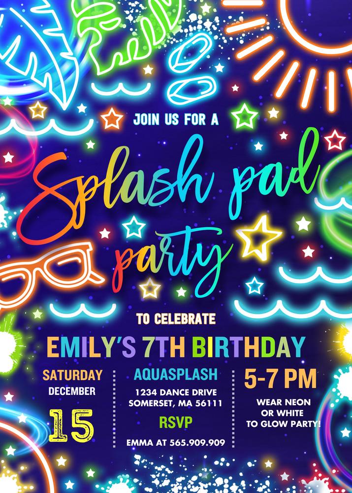 Splash Pad Birthday Invitation | Neon Glow Tie Dye Pool Party Canva Template