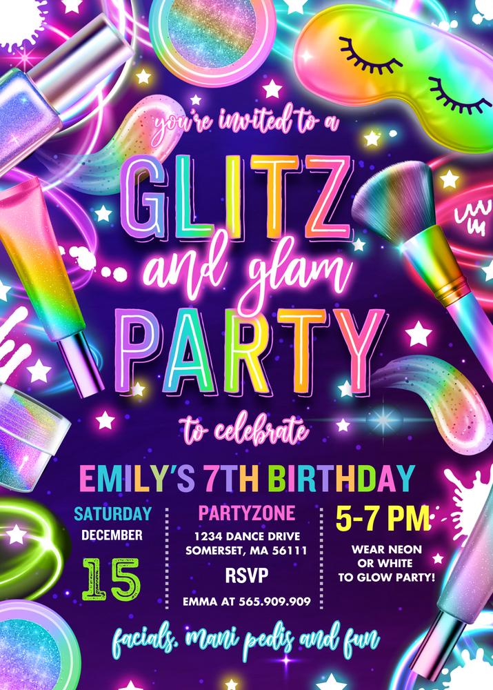 Neon Glitz & Glam Spa Makeup Birthday Invitation - Editable Canva Template