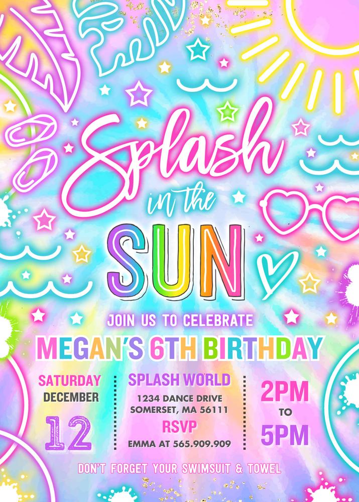 Neon Splash Pool Birthday Invitation | Editable Glow Tie Dye Summer Party