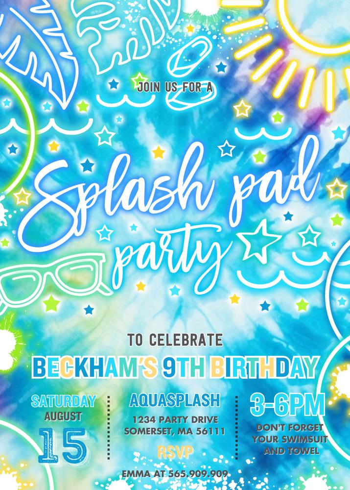 Glow Neon Splash Pad Birthday Invitation | Editable Tie Dye Pool Party Template