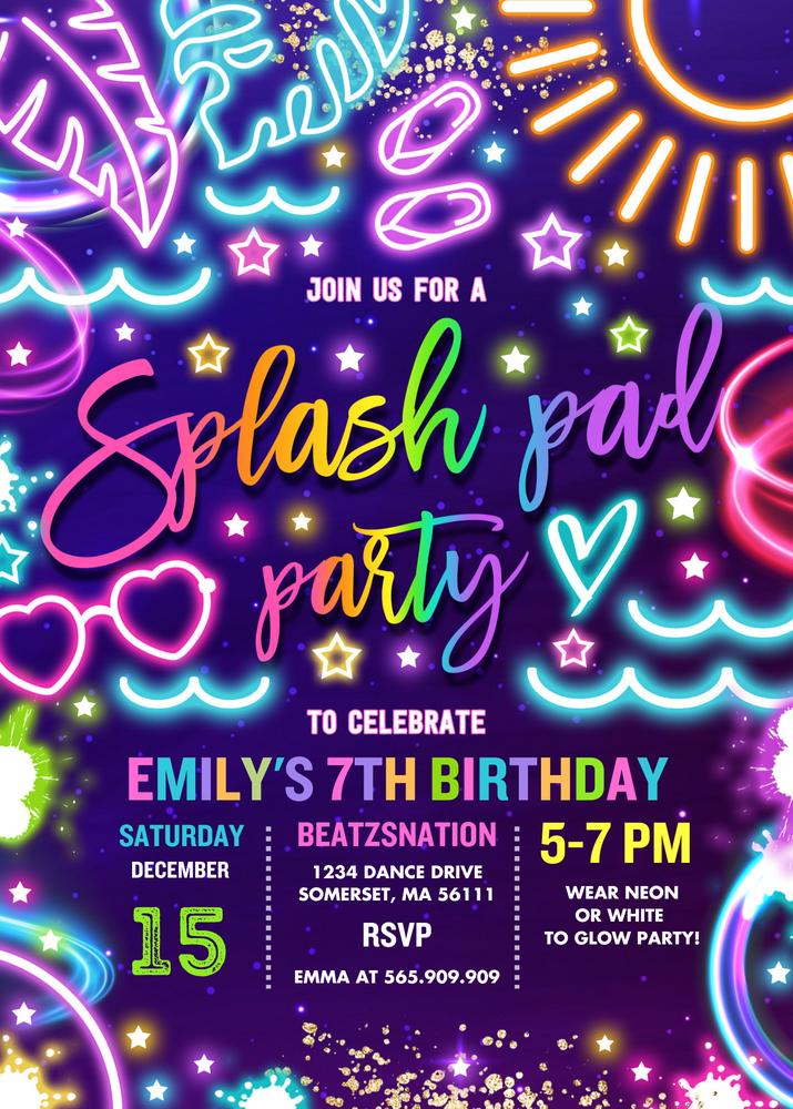 Glow Neon Splash Pad Birthday Invitation | Editable Canva Template