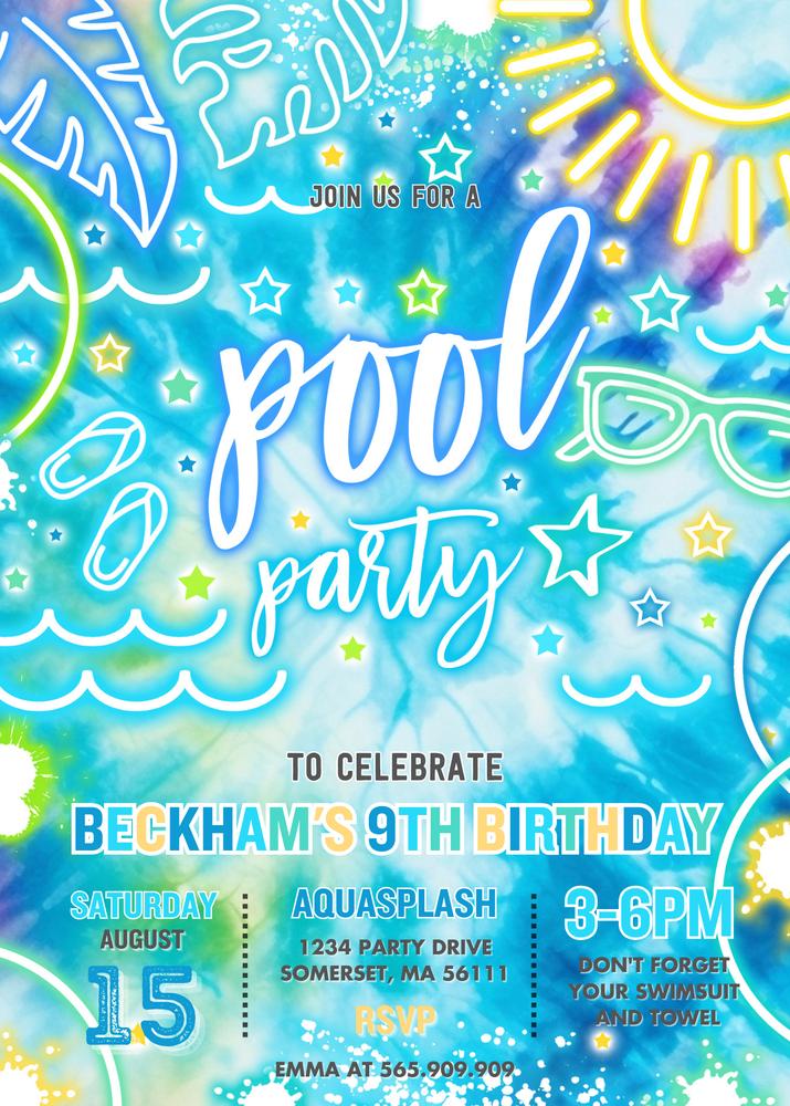 Glow Neon Tie Dye Pool Party Birthday Invitation | Editable Canva Template