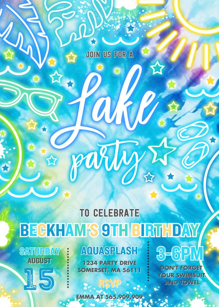 Editable Neon Lake Birthday Invitation | Glow Boat Party Canva Template