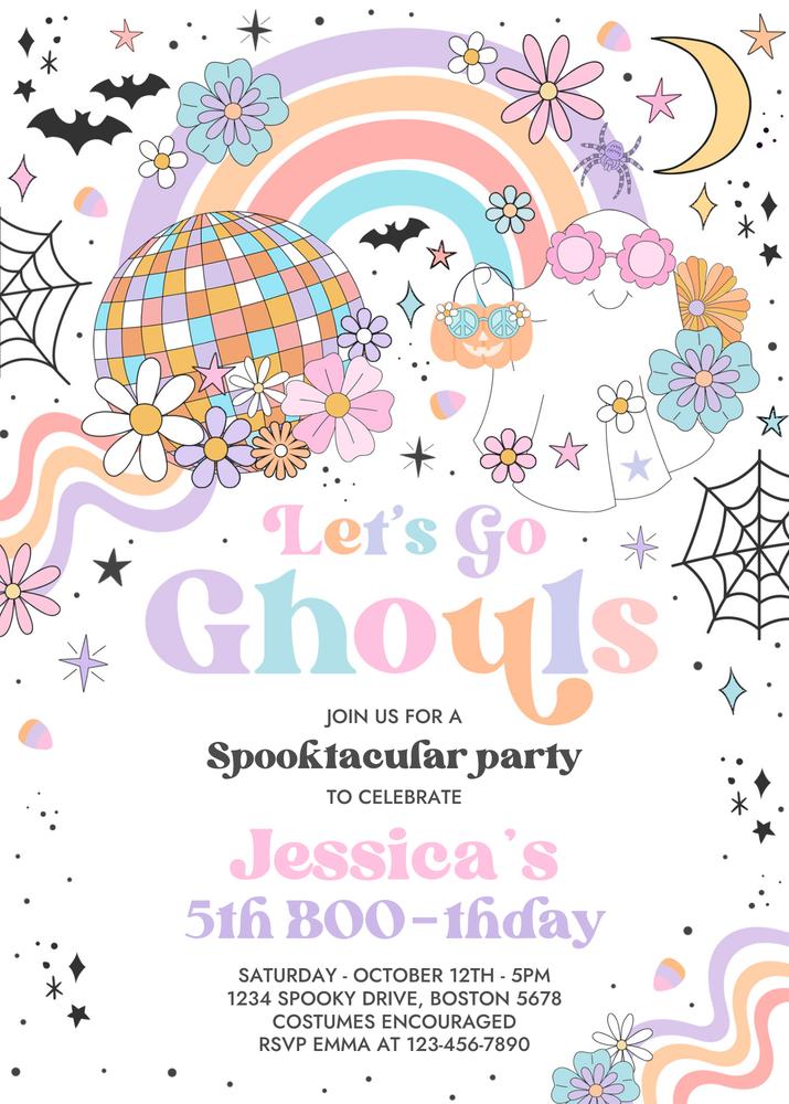 Retro Lets Go Ghouls Halloween Invitation | Groovy Ghost Canva Template