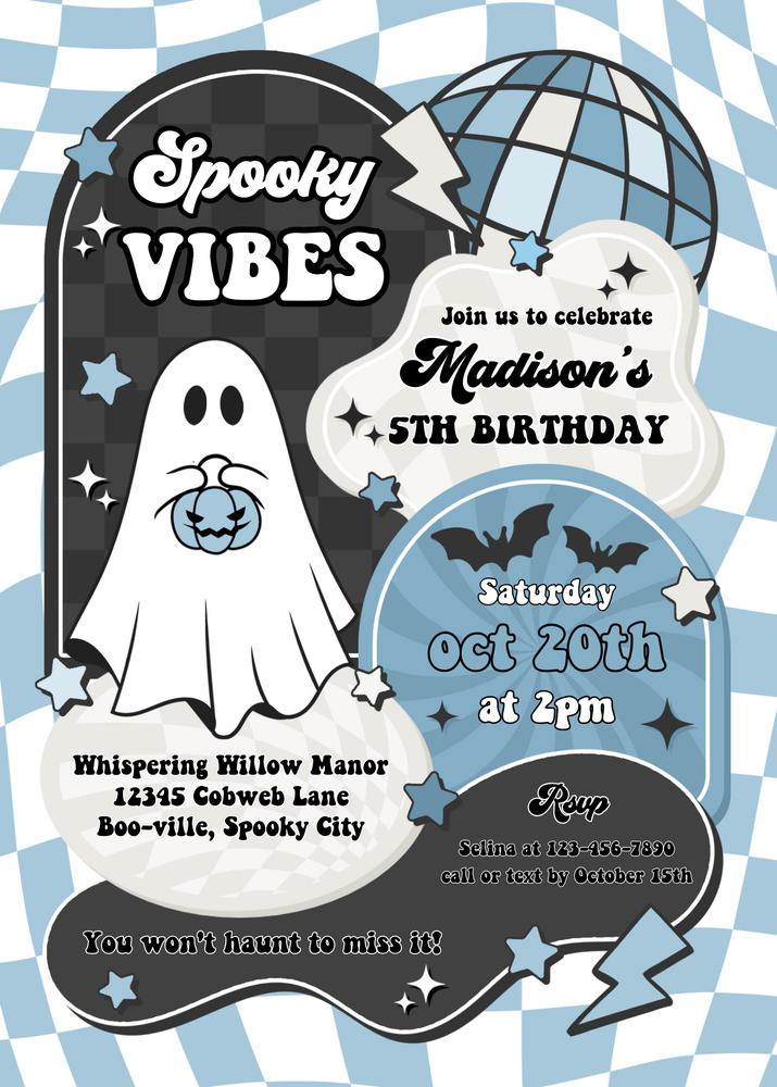 Spooky Vibes Boy Ghost 2nd Birthday Invitation | Retro Groovy Canva Template