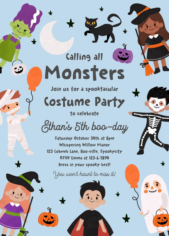 Editable Halloween Spooktacular Costume Party Birthday Invitation Canva Template