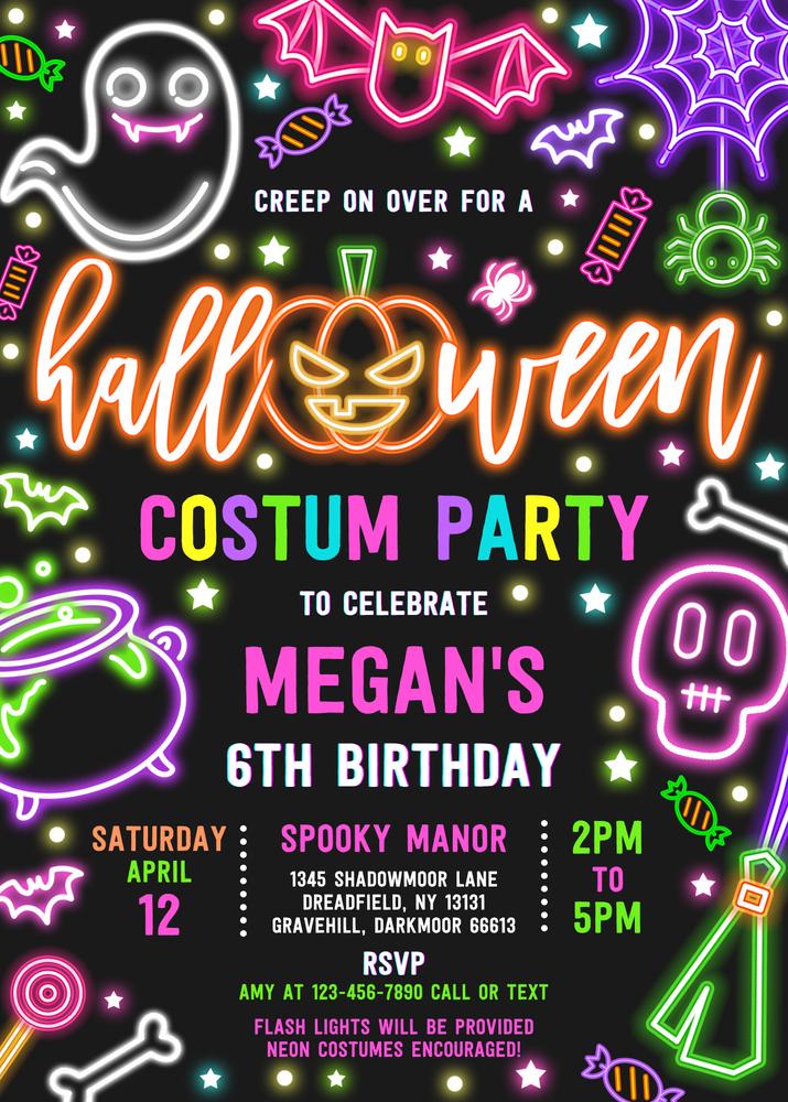 Editable Neon Glow Halloween Costume Birthday Party Invite Template