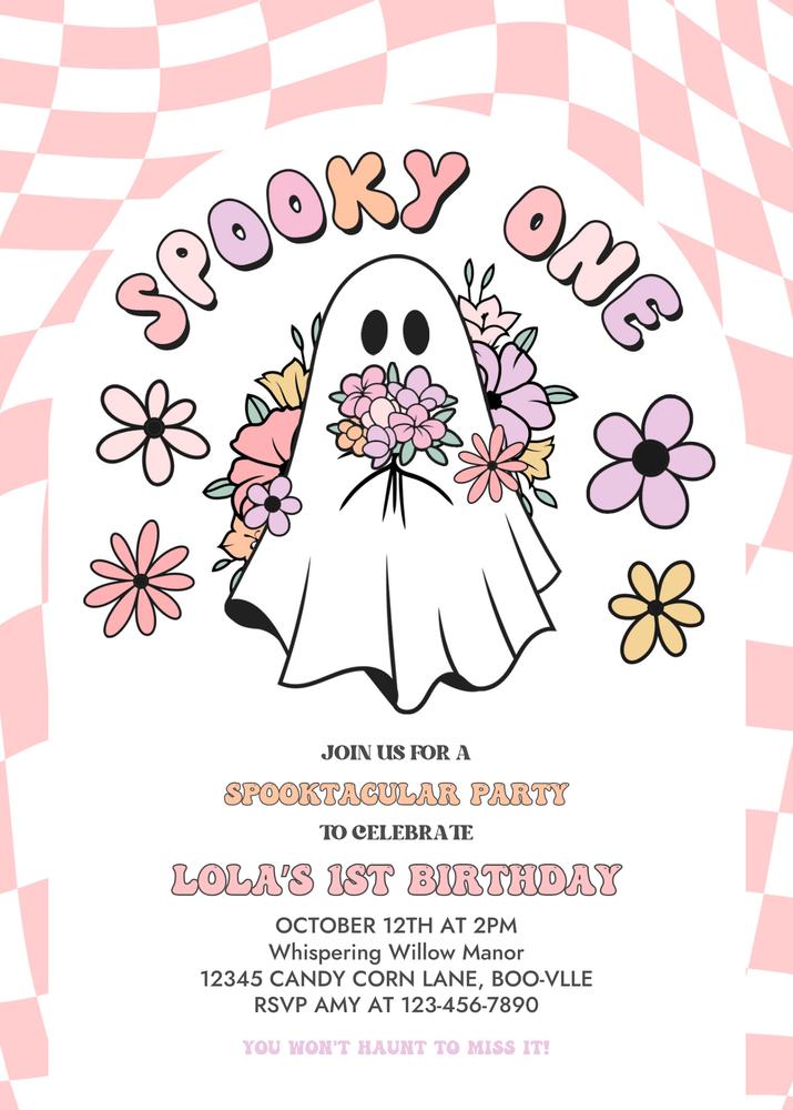 Spooky One 1st Birthday Invitation | Retro Groovy Pink Ghost Canva Template