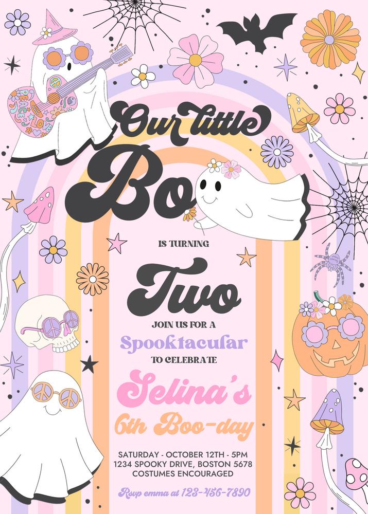 Little Boo 2nd Birthday Invitation | Groovy Ghost Retro Halloween Canva Template