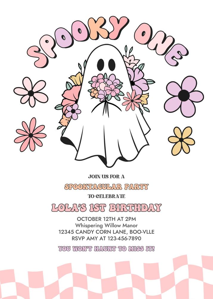 Editable Spooky One 1st Birthday Invite | Pink Retro Groovy Ghost Canva Template