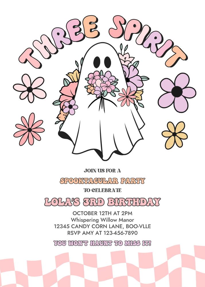 Editable Pink Groovy Ghost 3rd Birthday Invitation | Retro Halloween Canva DIY