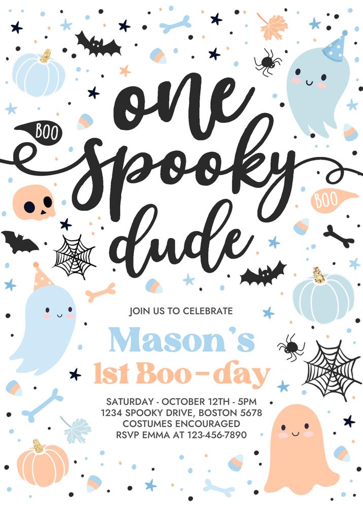 One Spooky Dude 1st Birthday Invitation | Blue Ghost Canva Template