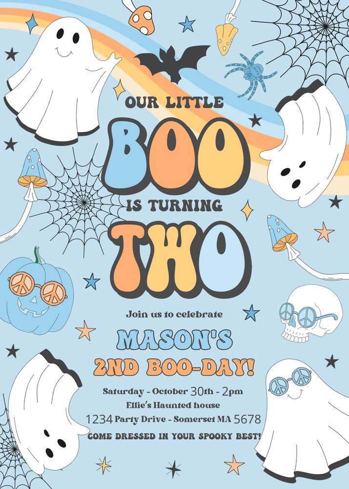 Editable Little Boo 2nd Birthday Invitation | Groovy Ghost Retro Halloween V1
