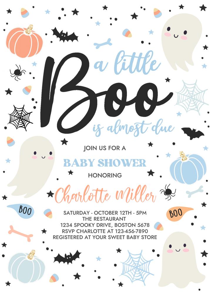 Little Boo Baby Shower Invitation | Blue Boy Halloween Ghost Canva Template