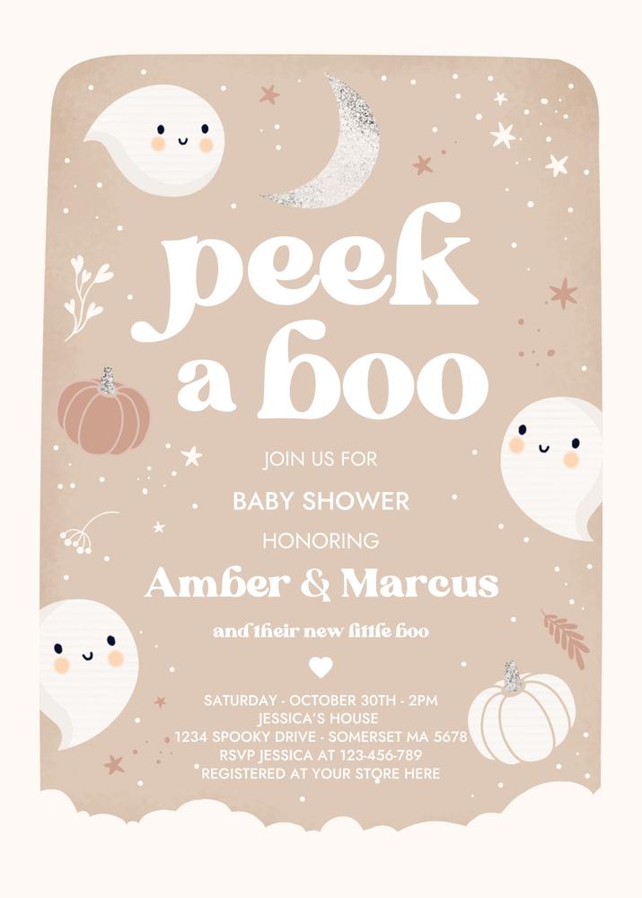 Boho Peek A Boo Ghost Baby Shower Invite | Editable Canva Halloween Template