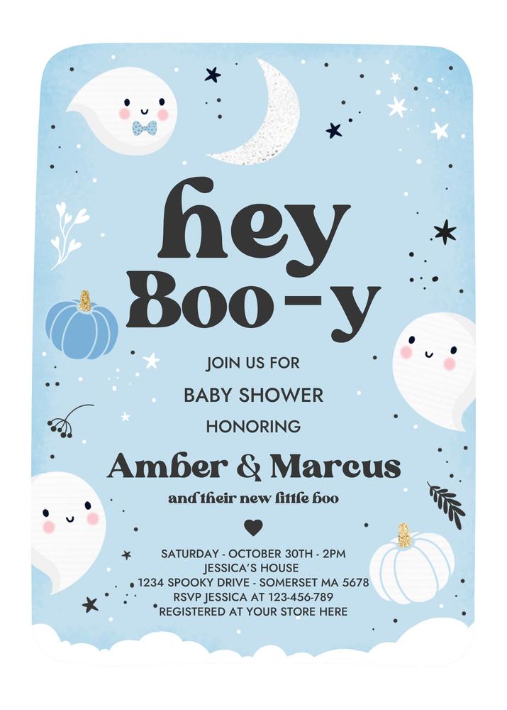 Editable Boy Ghost Baby Shower Invite | Hey Boo-y Blue Halloween Template
