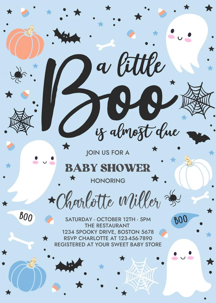 Little Boo Baby Shower Invitation | Blue Ghost Boy Halloween Canva Template