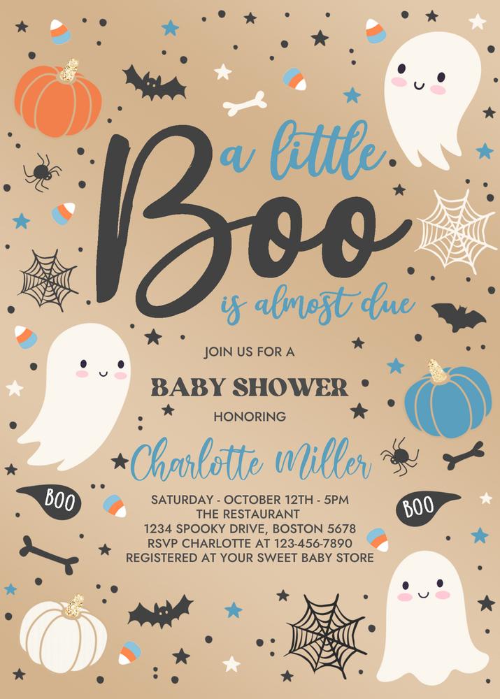 Little Boo Baby Shower Invitation | Blue Boy Ghost Halloween Canva Template