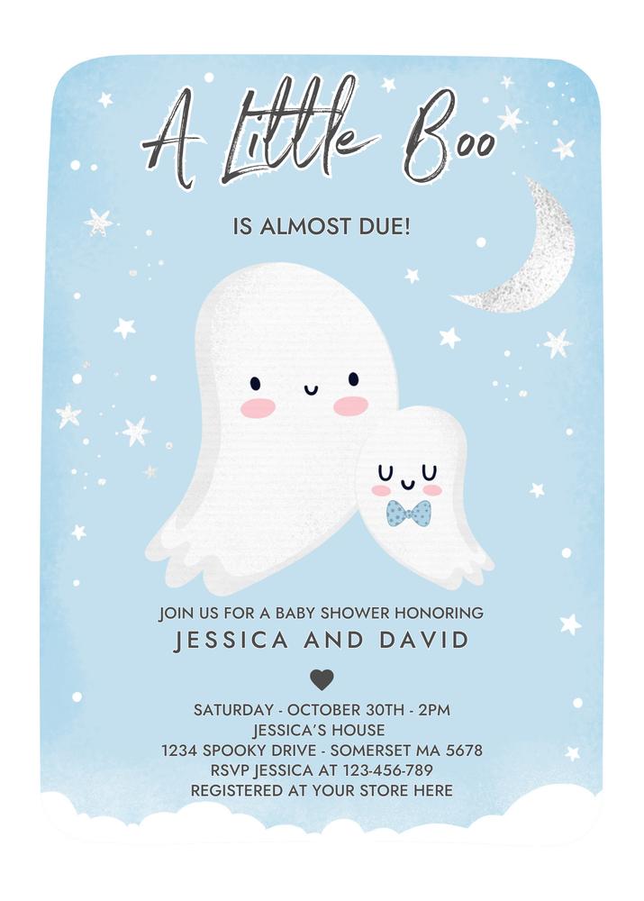 Little Boo Baby Shower Invitation | Editable Blue Ghost Boy Halloween Invite