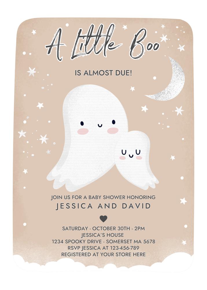 Little Boo Baby Shower Invitation | Neutral Halloween Ghost Canva Template