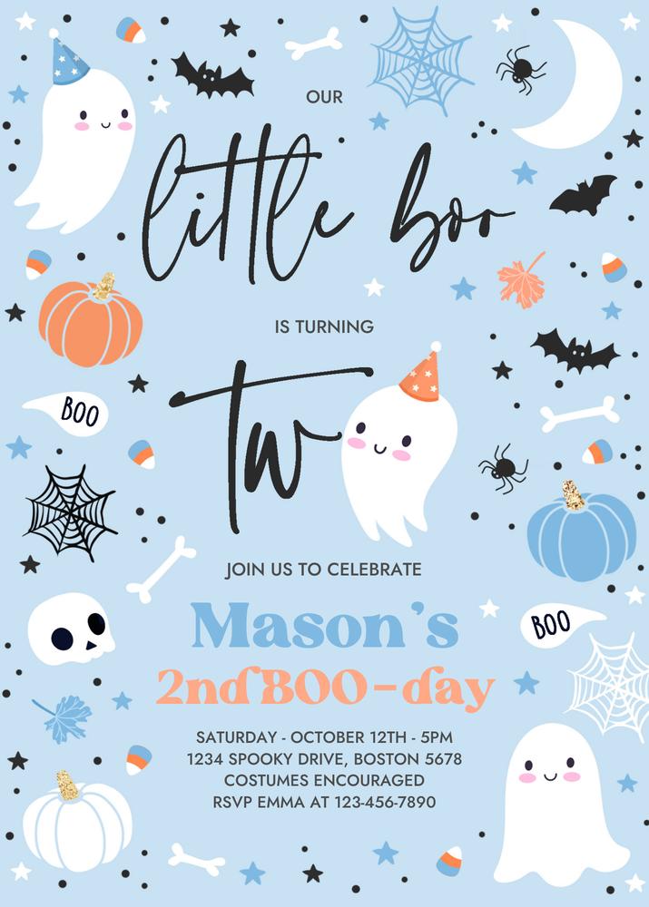 Little Boo 2nd Birthday Invitation | Editable Blue Ghost Halloween Invite