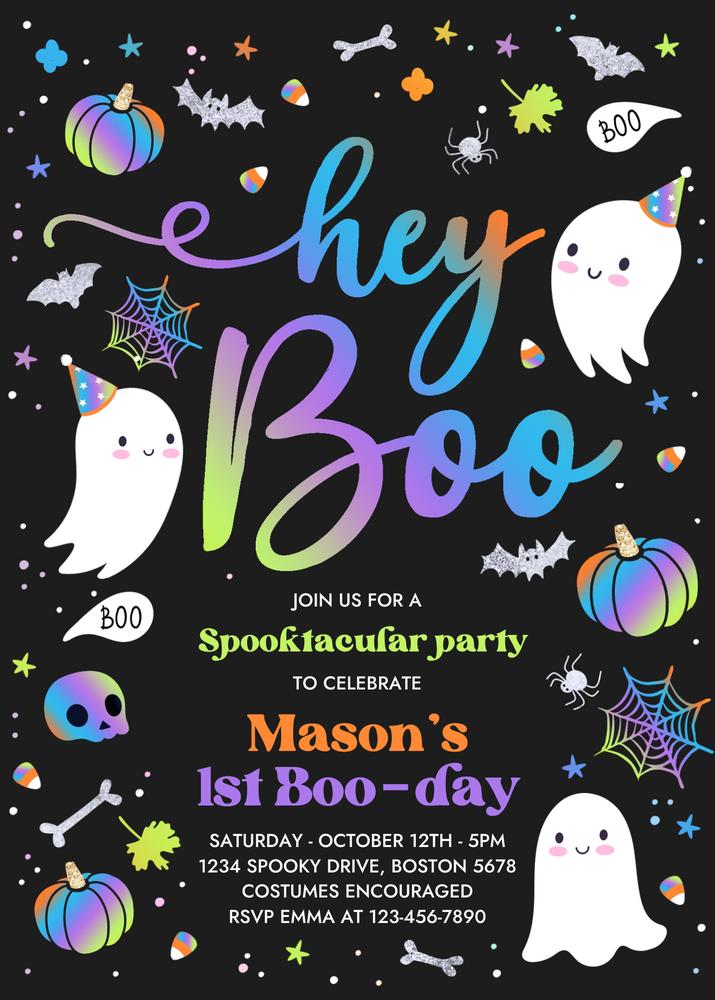 Editable Boy Ghost Birthday Invitation | Blue Halloween Hey Boo Party Template