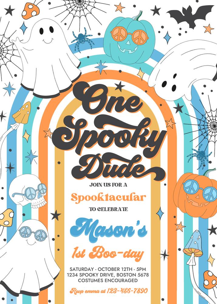 One Spooky Dude 1st Birthday Invitation | Groovy Retro Ghost Canva Template