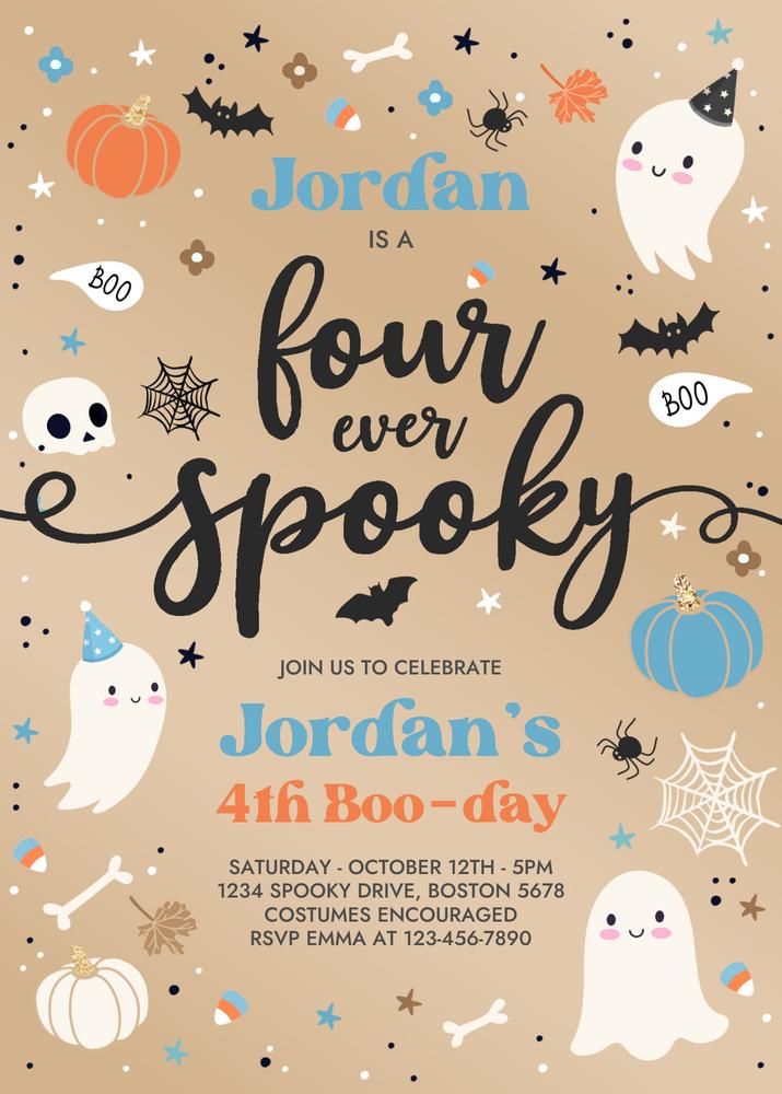 Four Ever Spooky Pink Retro Ghost 4th Birthday Invitation Canva Template