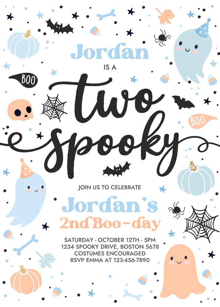 Two Spooky Ghost 2nd Birthday Invitation | Editable Canva Boy Halloween Invite