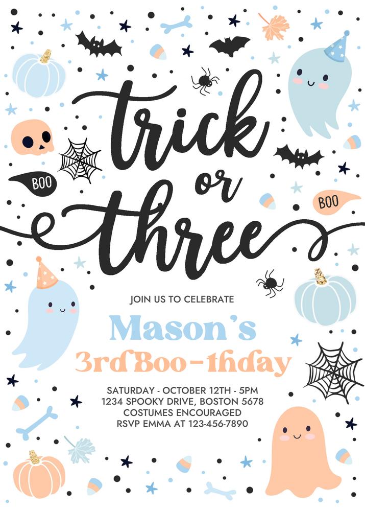 Editable Ghost 3rd Birthday Invitation | Trick or Three Halloween Canva Template