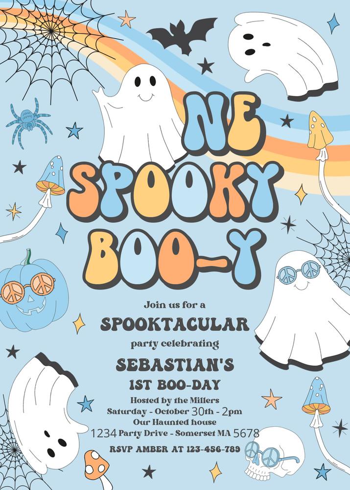 Spooky Boo-y 1st Birthday Invitation | Groovy Ghost Retro Halloween Canva