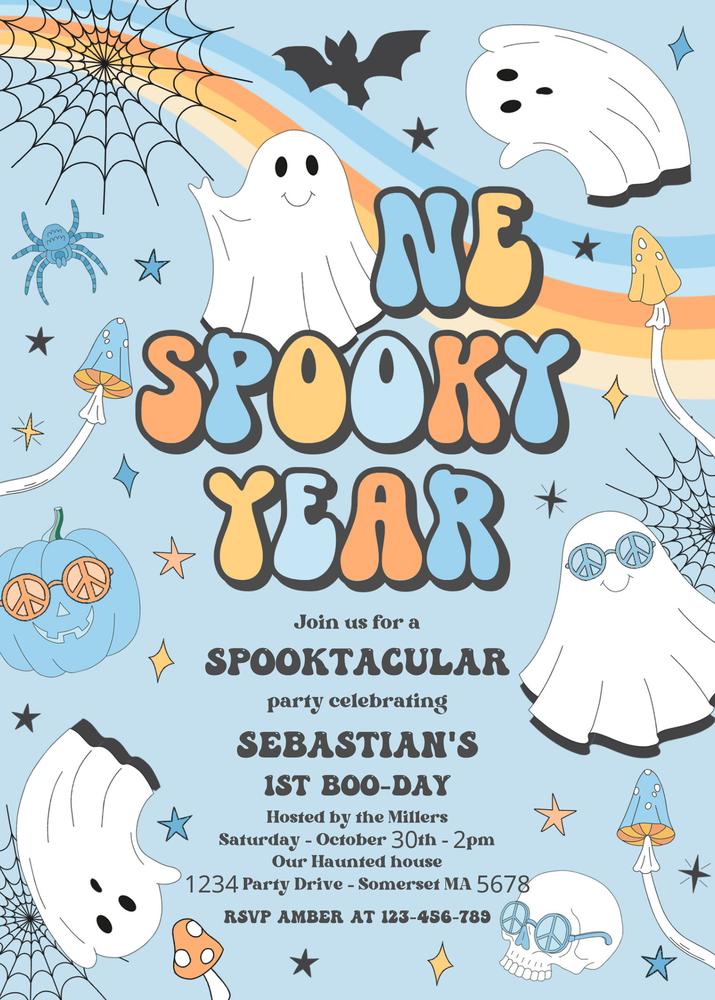 One Spooky Year Birthday Invitation | Retro Groovy Ghost 1st Birthday Template