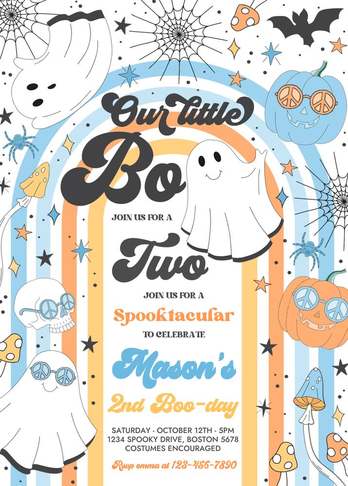 Editable Little Boo 2nd Birthday Invitation | Groovy Ghost Retro Halloween V6