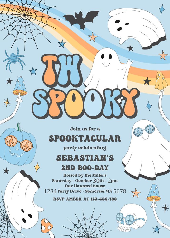 Two Spooky Ghost 2nd Birthday Invitation | Retro Groovy Halloween Canva Template