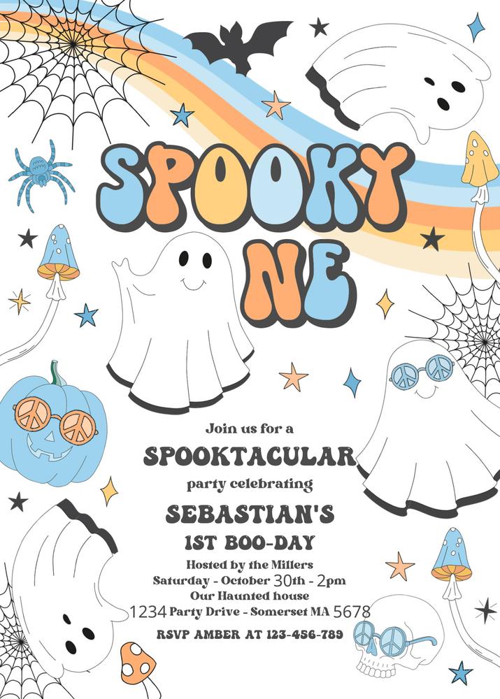 Spooky One 1st Birthday Invitation | Retro Groovy Ghost Canva Template