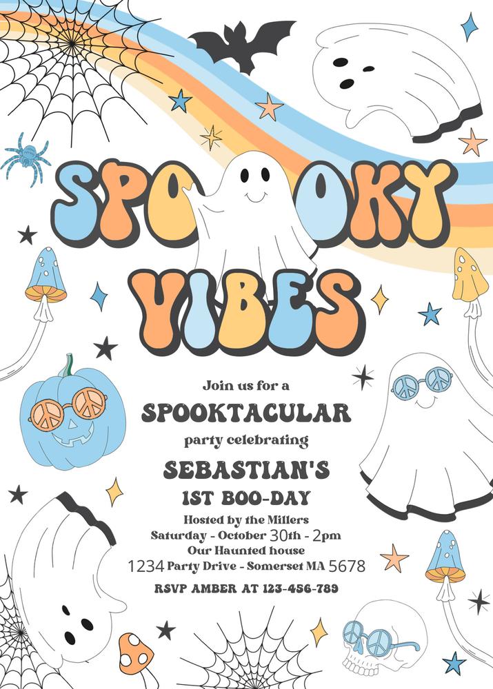Editable Spooky Vibes 1st Birthday Invite | Groovy Ghost Retro Halloween Template