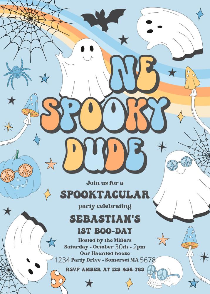 One Spooky Dude 1st Birthday Invitation | Groovy Ghost Retro Halloween Template