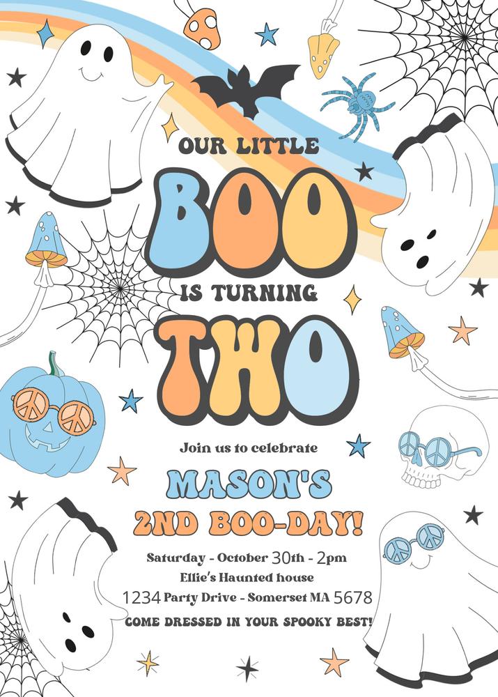 Editable Little Boo 2nd Birthday Invitation | Retro Groovy Ghost Canva Template