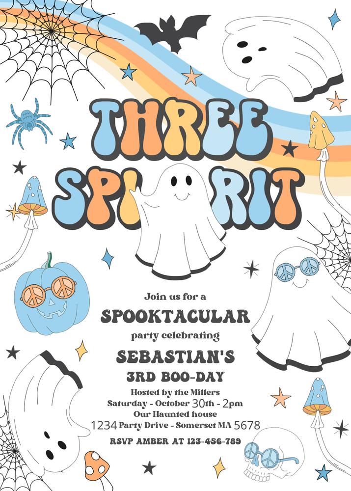 Three Spirit Halloween Ghost 3rd Birthday Invitation Canva Template Retro Groovy