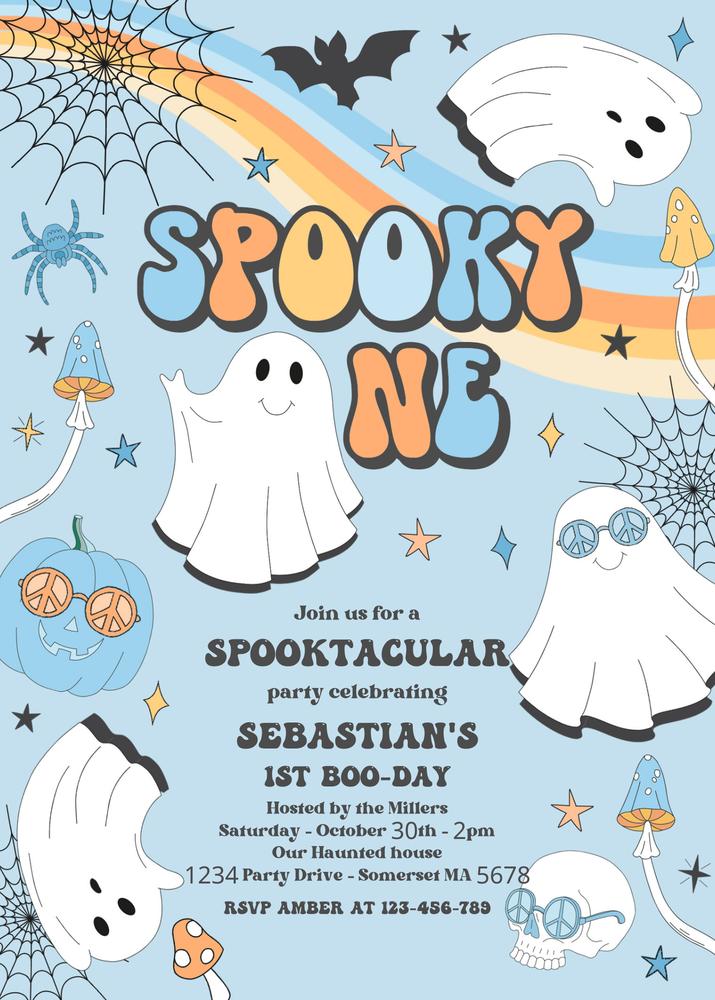 Spooky One 1st Birthday Invitation | Retro Groovy Ghost Halloween Canva Template